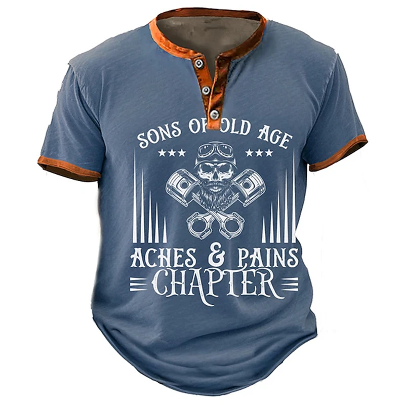 2026 Summer Men's Casual Henley T-Shirt With Motorcycle Skull Engine And Piston Print—Short-Sleeve Everyday Button-Down Top