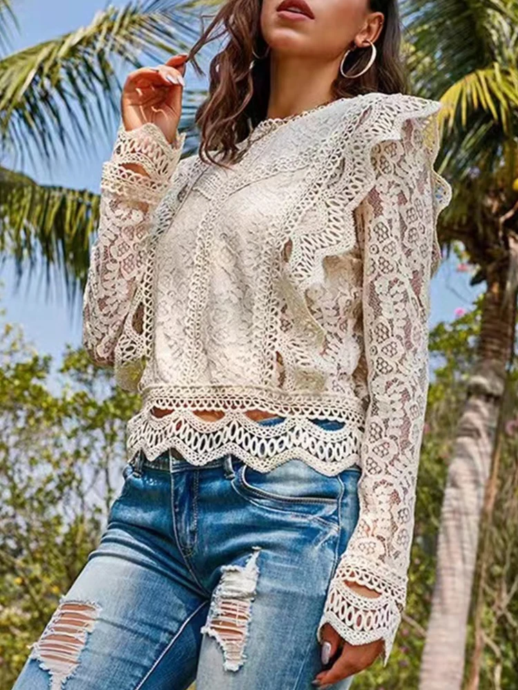 Elegant Fashion Lace Blouses Tops Women Summer Long Sleeve Hollow Out Floral Lace Crop Top Sweet High Street Office Ladies Shirt