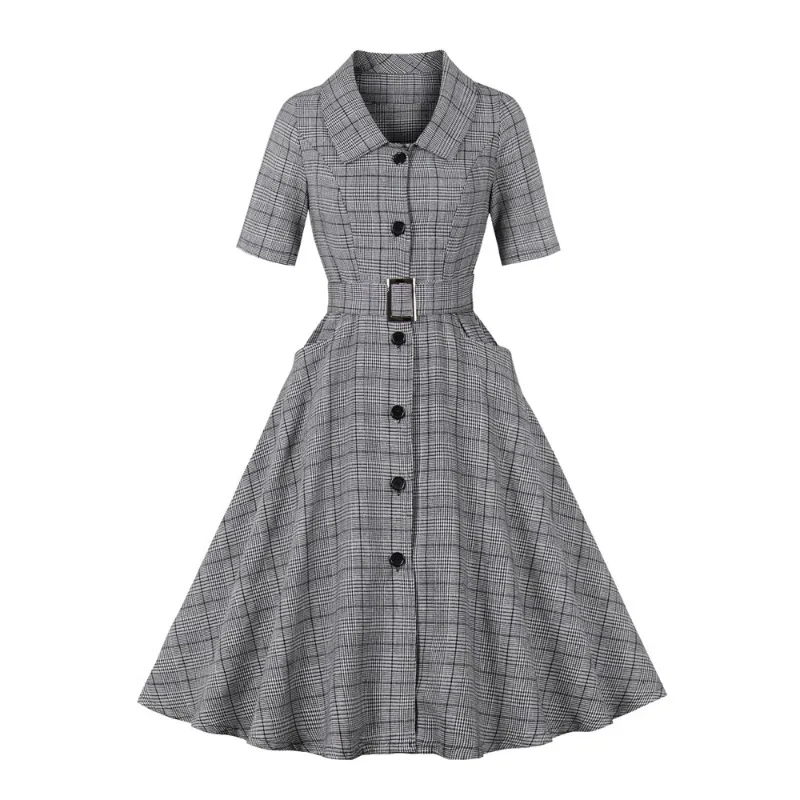 

Turn Down Collar Button Up Half Sleeve Pocket Vintage Swing Dress Women Spring Summer Plaid Dresses Elegant Woman Clothes Mujer