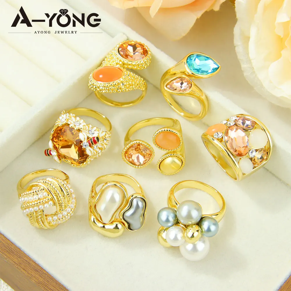 

Europe Fashionable Colored Crystal Prom Rings 14k Italian Bohemian Unique Handmade Ring Women Modern Party Statement Jewelry