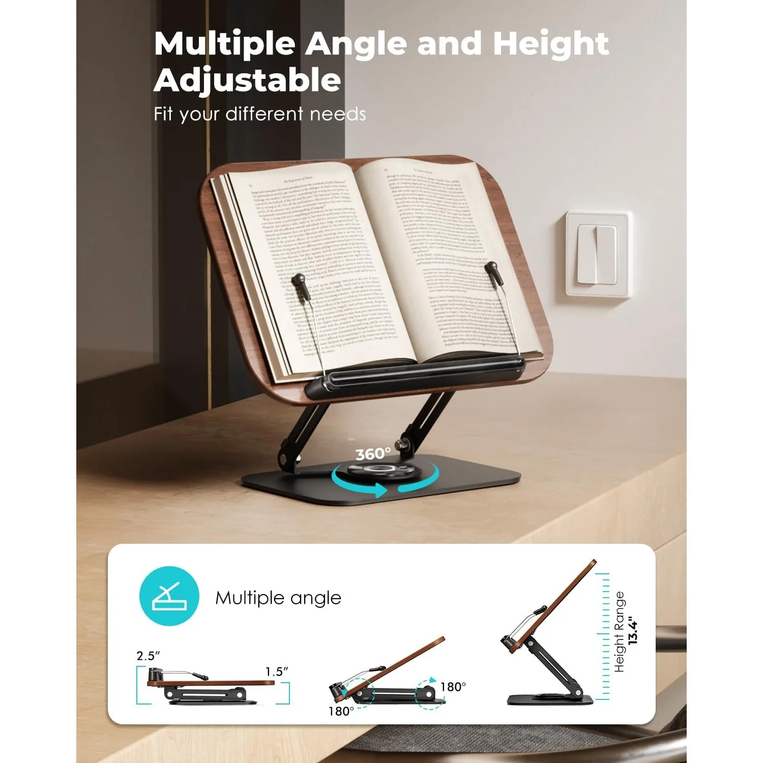 

Desktop Book Stand for Reading with 360 Rotating Base Wooden Panel & Page Clips Foldable and Angle for Reading Book Holder