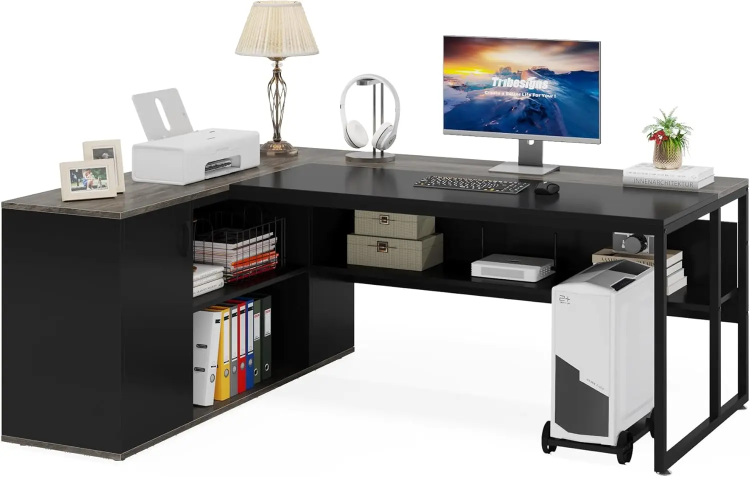 Large Executive Desk with File Cabinet, 71 inch L Shaped Computer Desk Office Desk with Drawers and Storage Shelves