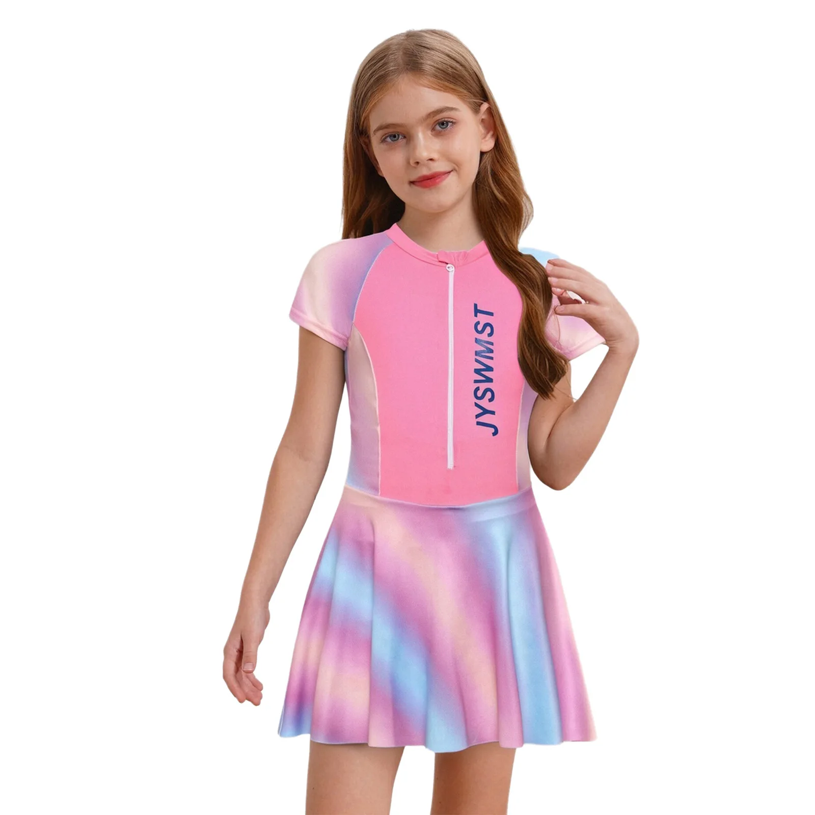

Fashion Girls One Piece Swim Dress Short Sleeve Color Block Swimsuit with Chest Pads Front Zipper And Safety Shorts Beachwear
