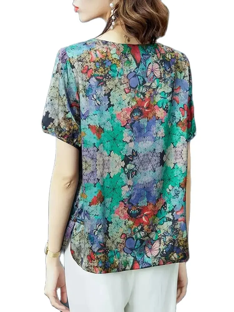 BirdTree 87.7% Mulberry Silk Shirt for Women, Short Sleeve Butterfly Print, Loose Fashion OL Blouses, 2024 Spring Tops T42225QM