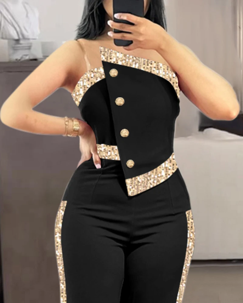 Jumpsuit Women 2025 Spring Fashion Color Blocking Sequin Button Decor Bandeau Sleeveless High Waist Elegant Wide Leg Jumpsuit