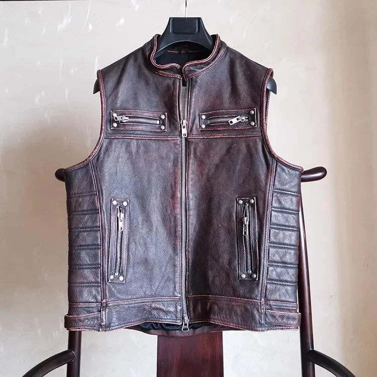 SHop Best.2025 Retro Summer cowhide vest.Classic motor rider real leather vests.Vintage style quality jacket