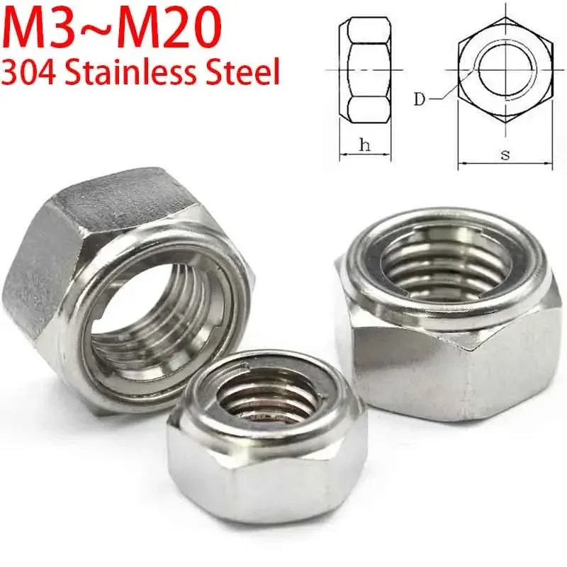 1-5pcs M3 M4 M5 M6 M8 M10 M12 M14 M16 M20 304 Stainless Steel Hex Hexagon Lock Metal Self-locking Nut  Slip Lock Nut