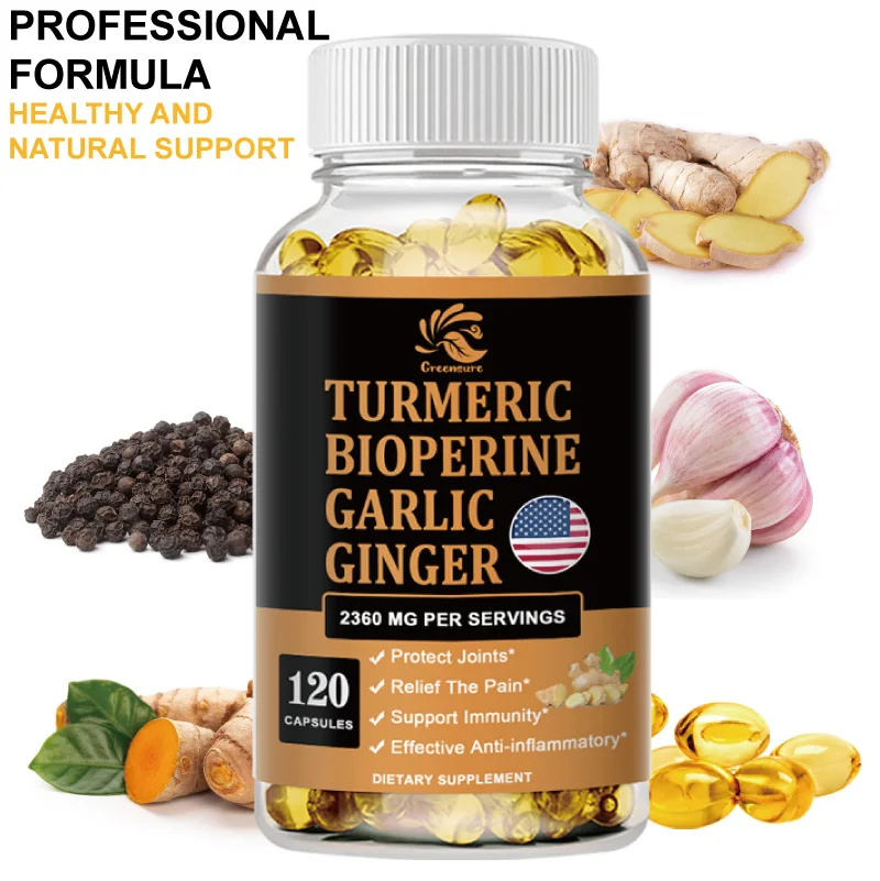 Greensure Turmeric, Ginger Root, Garlic Pills, Black Pepper Capsule for Joint, Digestion & Immune Support - 60/120 Capsules