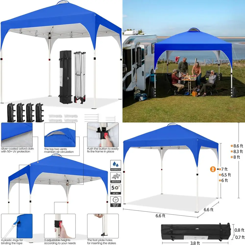 

Instant 6.6x6.6ft Pop Up Canopy Tent with Ventilation, Easy Setup, Wheeled Bag, 4 Sandbags, 8 Stakes, Outdoor Sun Shelter Canopy