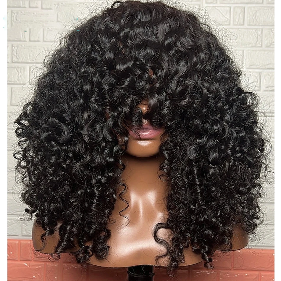 

Glueless Long Natural Black 200Density Kinky Curly Machine Wig 26 Inch With Bangs For Women Heat Resistant Preplucked Daily