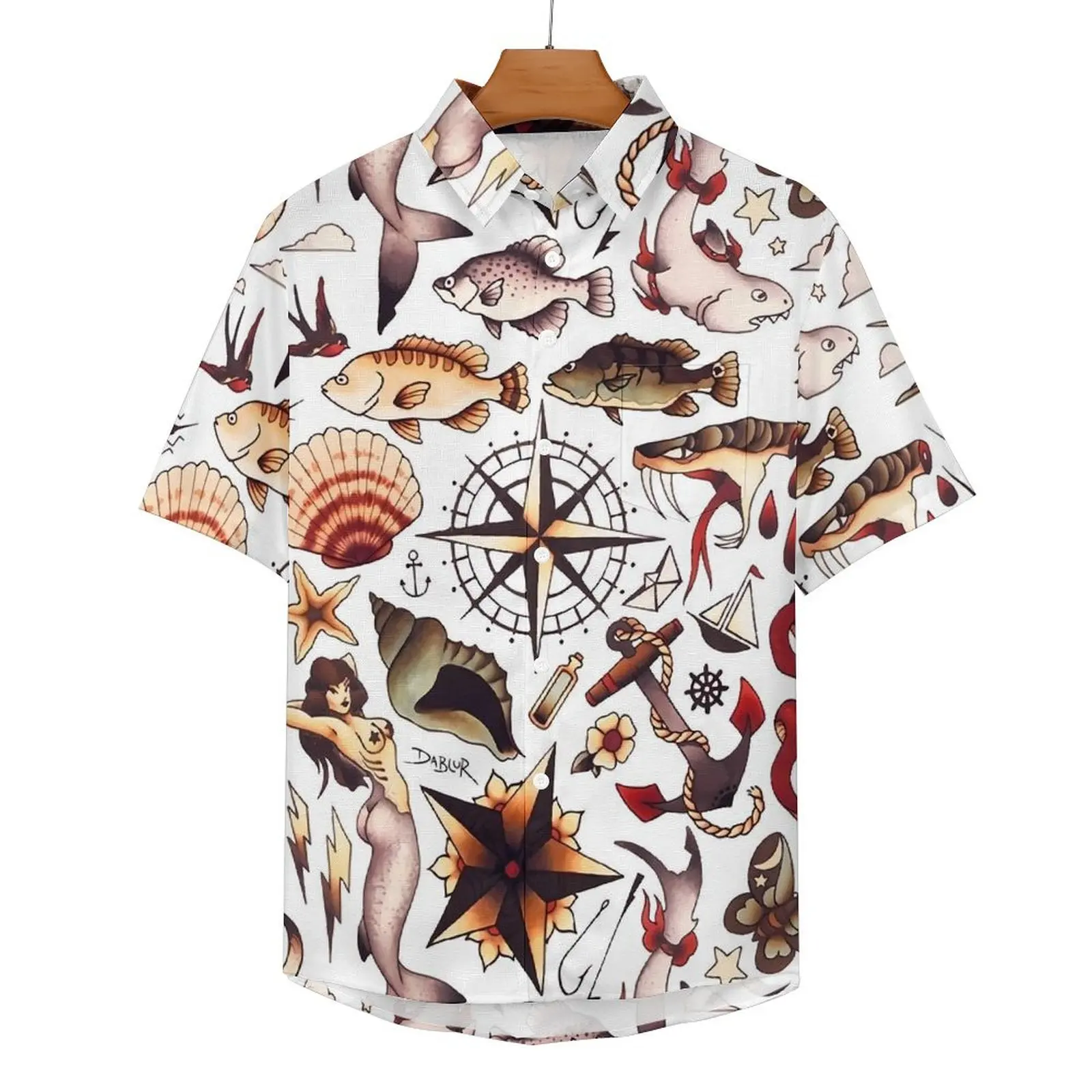 

Traditional Nautical Tattoo Flash Loose Shirt Man Beach Casual Shirts Hawaiian Design Short Sleeve Fashion Oversized Blouses