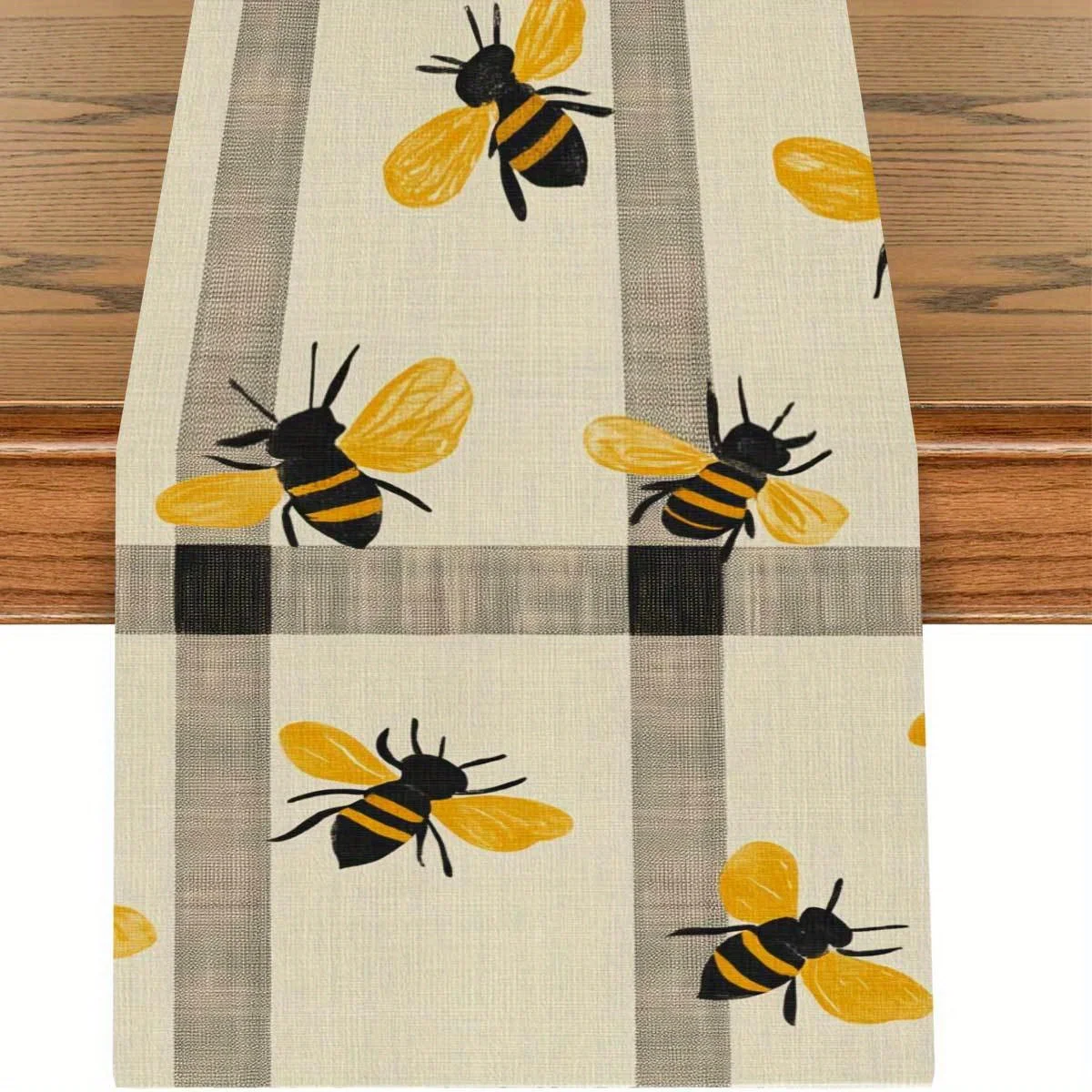 Bee-Themed Striped Linen Table Runner - Nature-Inspired Kitchen Dining Fresh Decor
