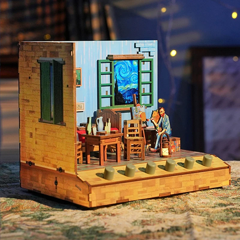 DIY Wooden Doll Houses Van Gogh\'s Bedroom Casa Miniature Building Kits with Furniture USB Power Dollhouse for Adults Gifts