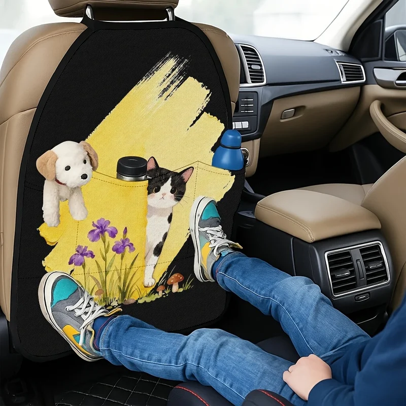 Car Seat Back Covers With Storage Pockets | Cute Black & White Cat With Purple Iris Flowers | Car Interior Decor Style