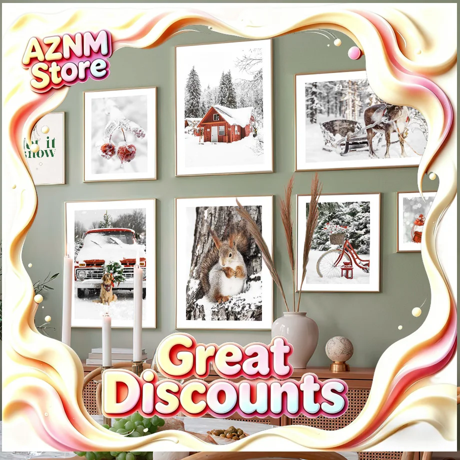 1pc frameless Canvas painting Red Car House Snow Pine Tree Reindeer Winter Festival Posters Prints Canvas Painting Wall Art P