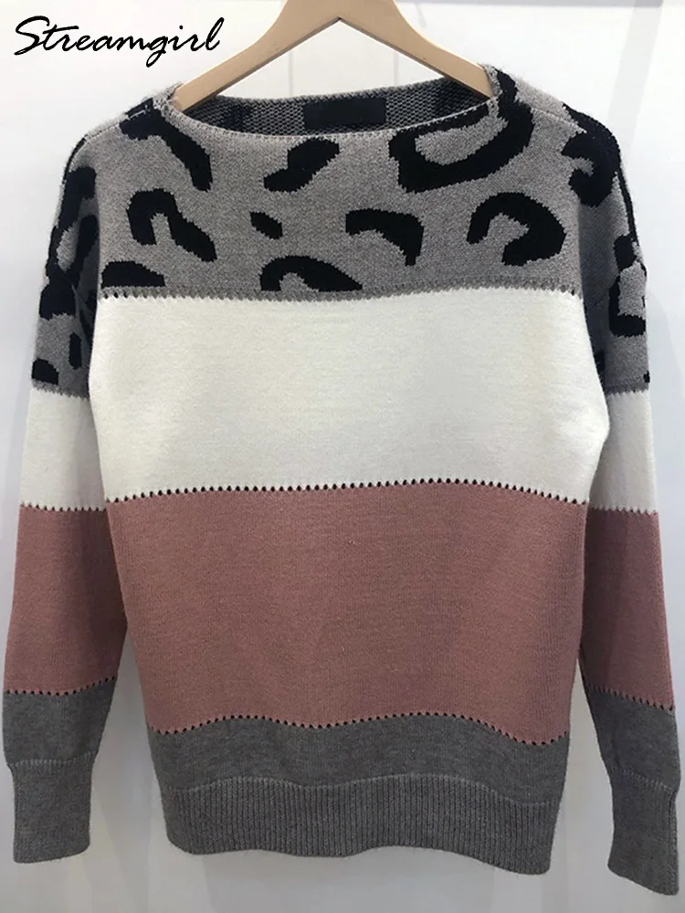 Warm Pink Leopard Sweaters Women Winter 2023 Color Matching Knit Pullovers Vintage Thick Winter Women\'s Sweaters Leopard Print