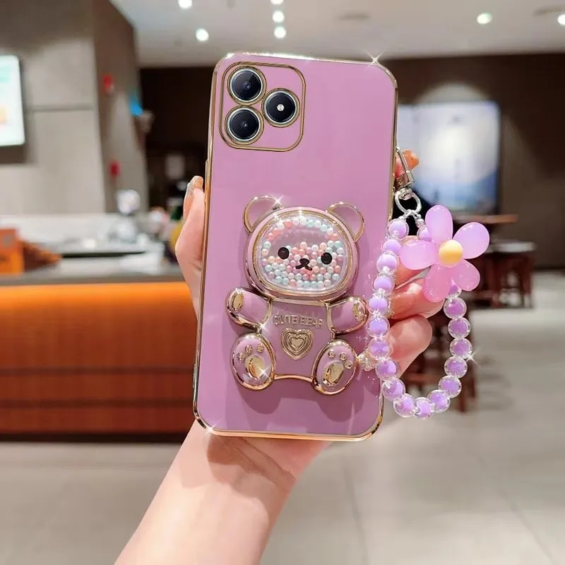 Casing HP Lanyard Motif Beruang Pasir Mewah Berlapis untuk iPhone 17 16 15 14 Plus 13 12 11 Pro Max X S XR 7 8 SE