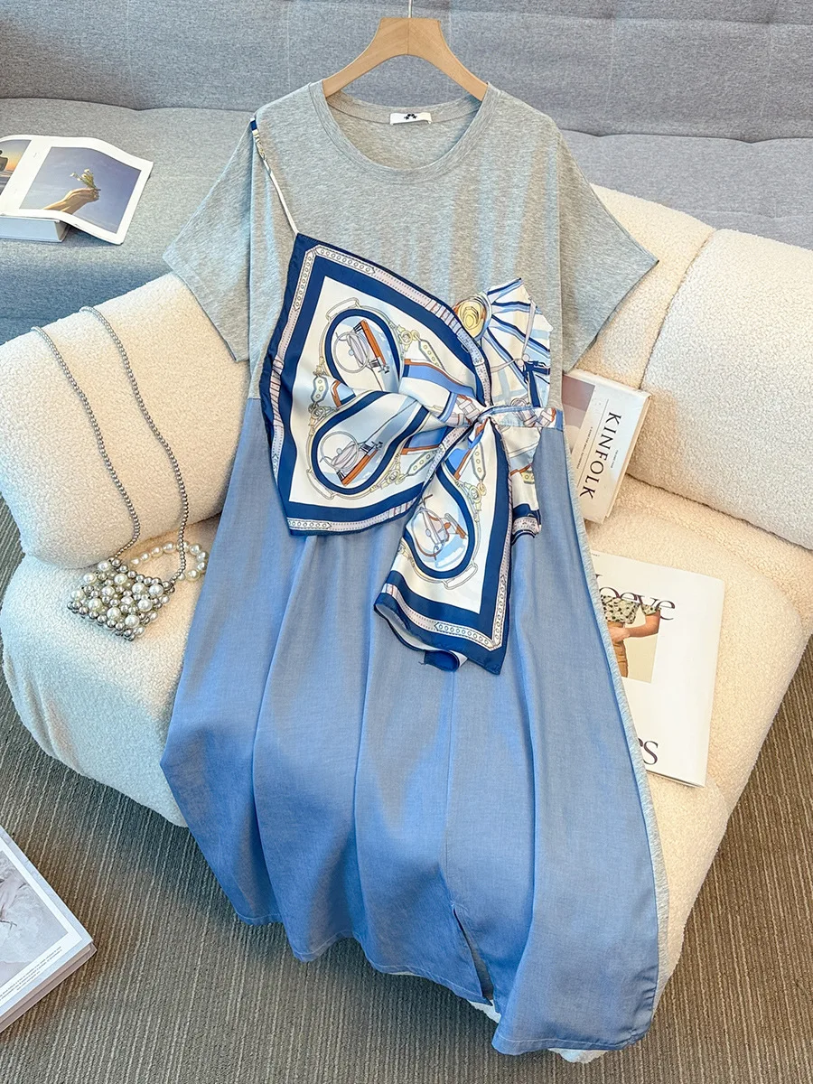 

150Kg Plus Size Women's Bust 170 Summer Printed Fake Two-Piece Split T-Shirt Dress 5XL 6XL 7XL 8XL 9XL