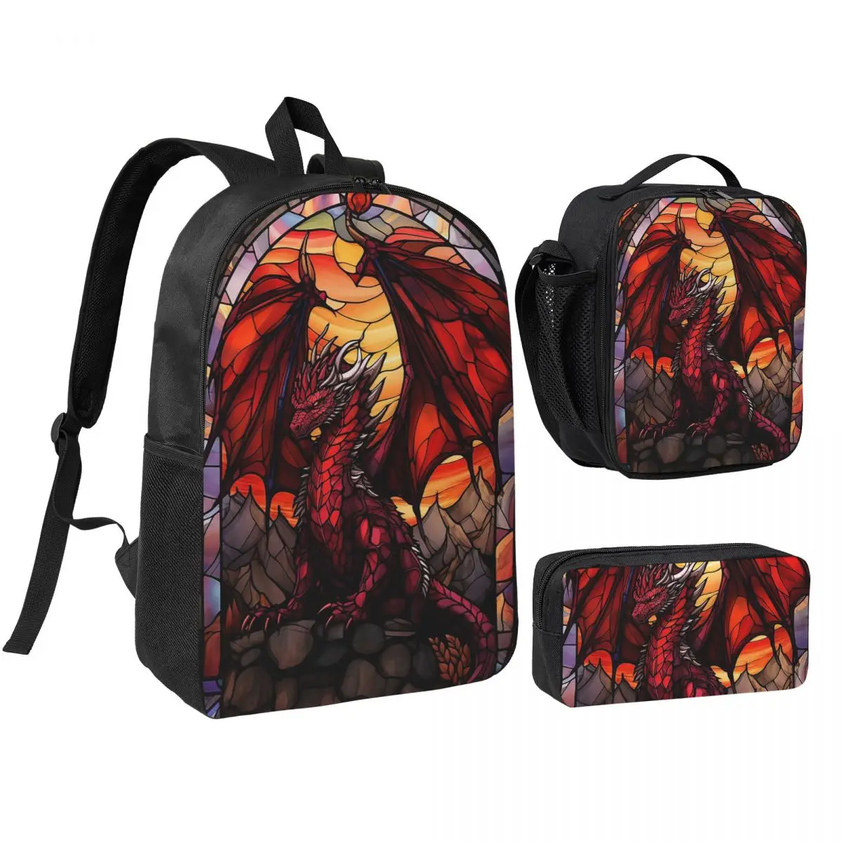Vibrant Dragon Glass Art Backpack Boys Girls BookBag School Bag Shoulder Bags 3ps Insulated Lunch Bag Pencil Case