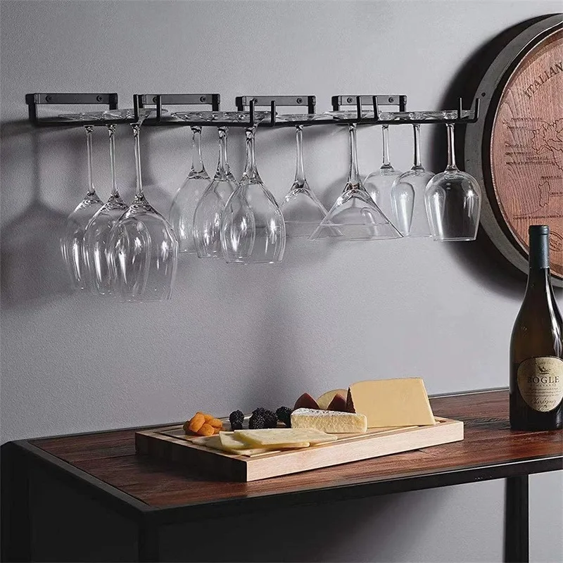 High-Quality Black Iron Wall Mounted Stemware Holder Goblet Hanging Rack Wine Glass Bar Organizer