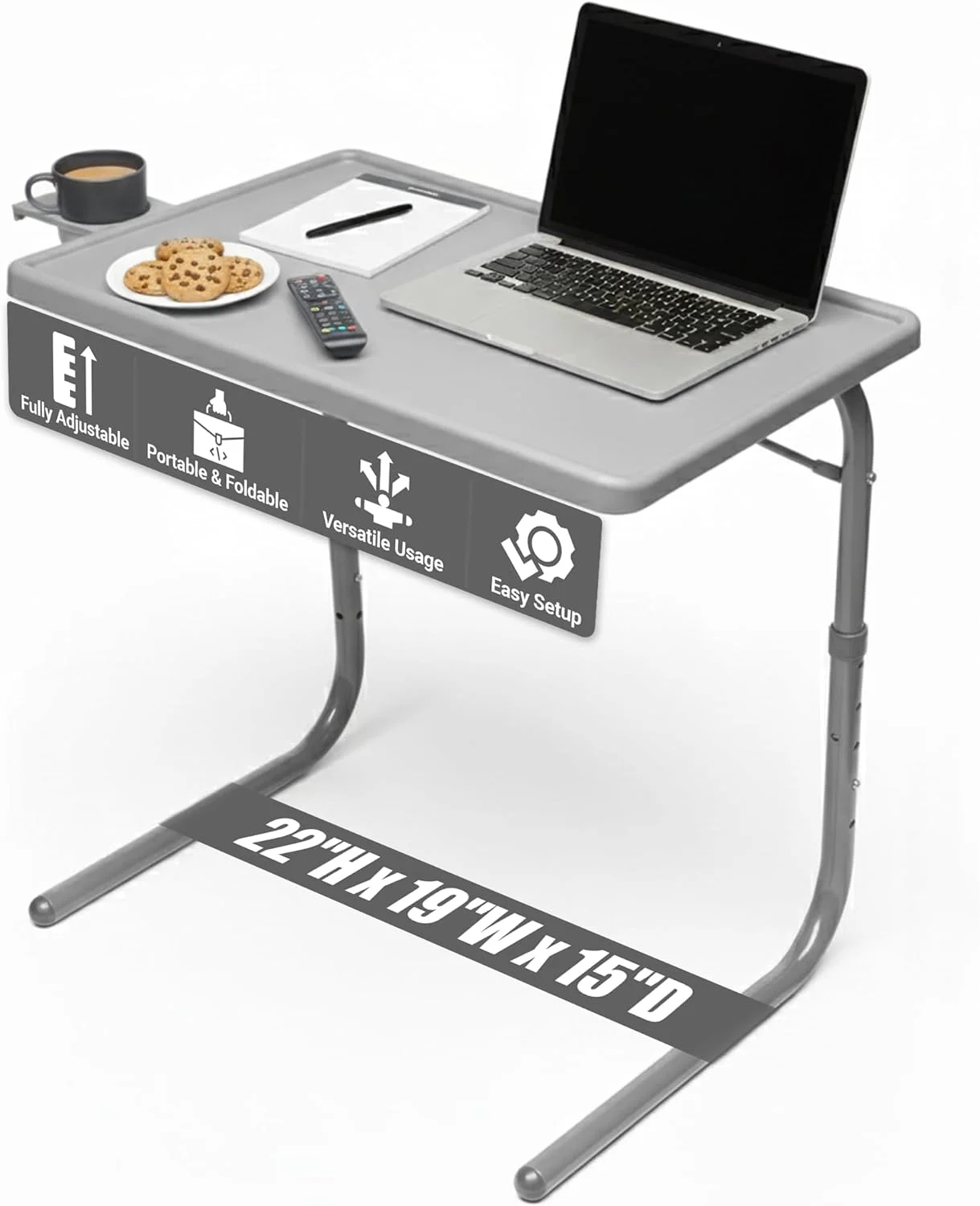 Portable Adjustable TV Tray Table with Cup Holder, Folding Desk for Laptop, Bed, and Couch Use