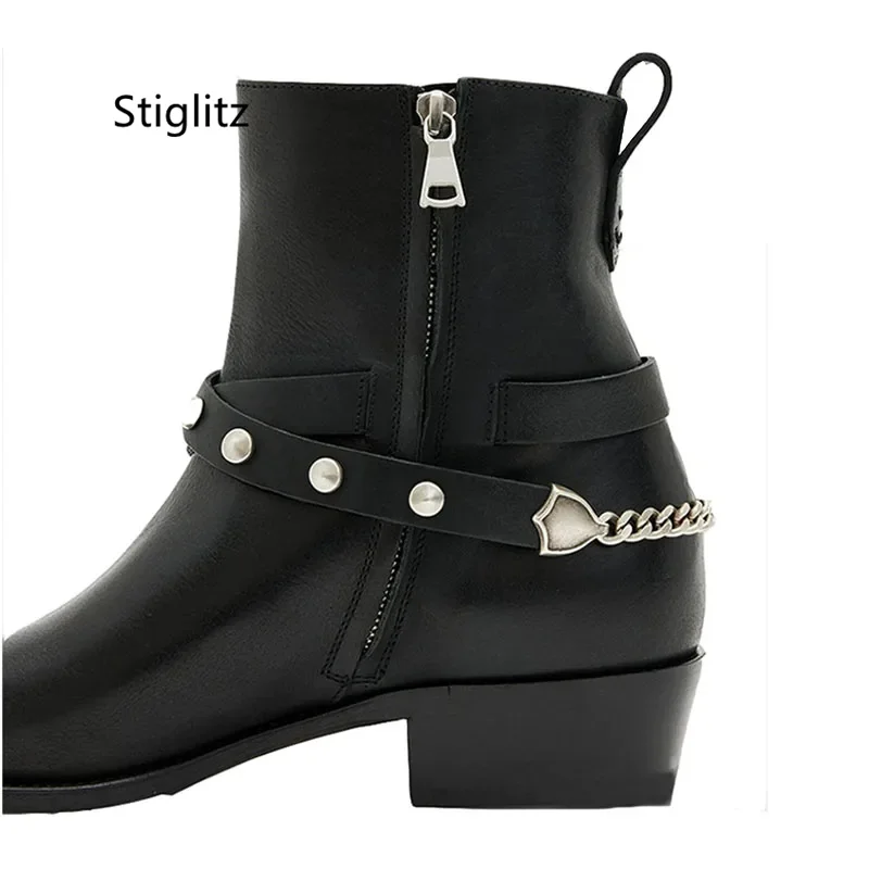 Metal Chain Buckle Strap Ankle Boots for Men Black Pointed Toe Zip Leather Men\'s Boots Stylish Med Heels Chelsea Boots Male Shoe