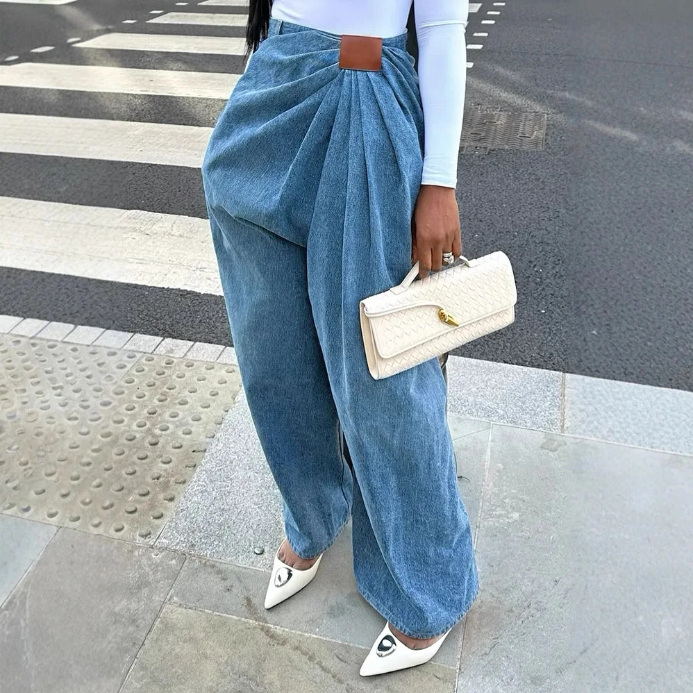Women Wash High Waist Wide Leg Retro Blue Solid Color Jeans Pants American Style Four Seasons New Fashion Female Denim Trousers