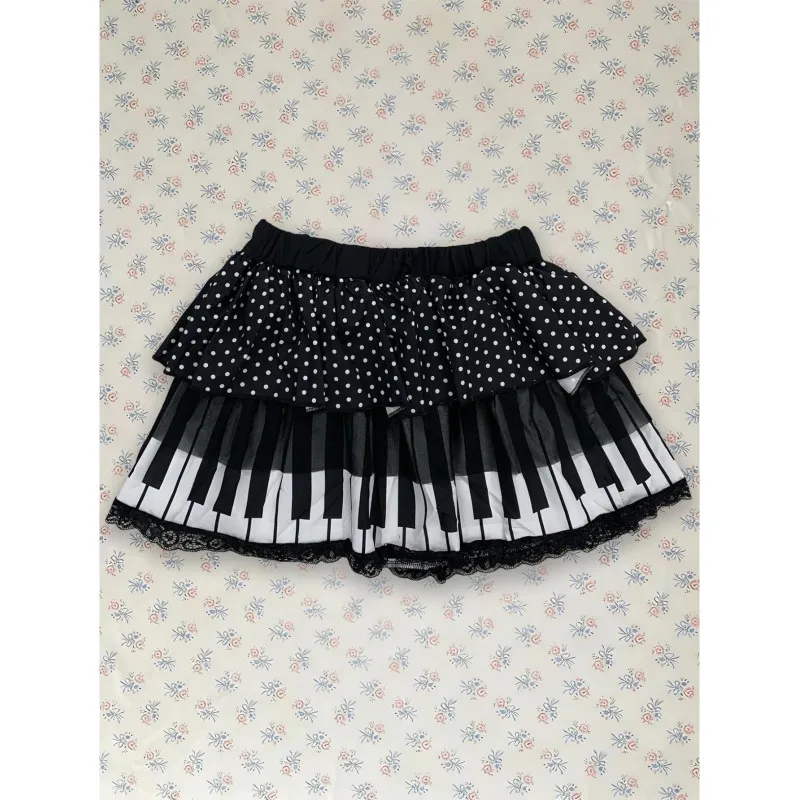 Y2k ladies' sweet and cool piano key printed polka dot lace INS splicing lace multi-layer cute half skirt