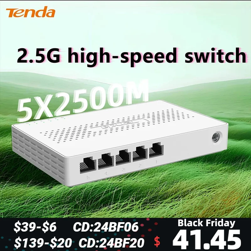 Tenda 2.5GbE Ethernet Switch 2.5GBASE-T 5 Port 2.5G RJ45 Fanless Plug and Play Network Switch Desktop Hub Internet Splitter