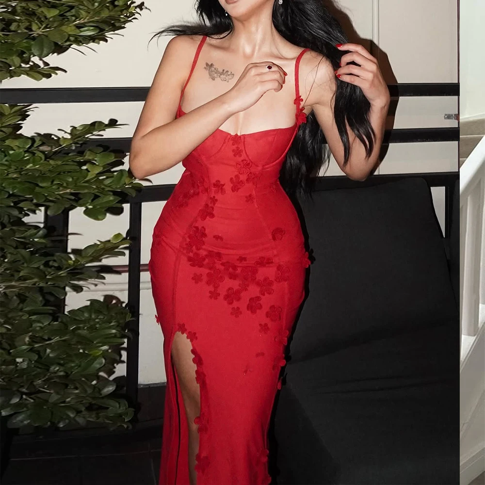 Oligai Women\'s Sleeveless Evening Party Dresses 2024 Spaghetti Strap Sexy Maxi Dress Elegant Red Flower Patchwork Gala Dress