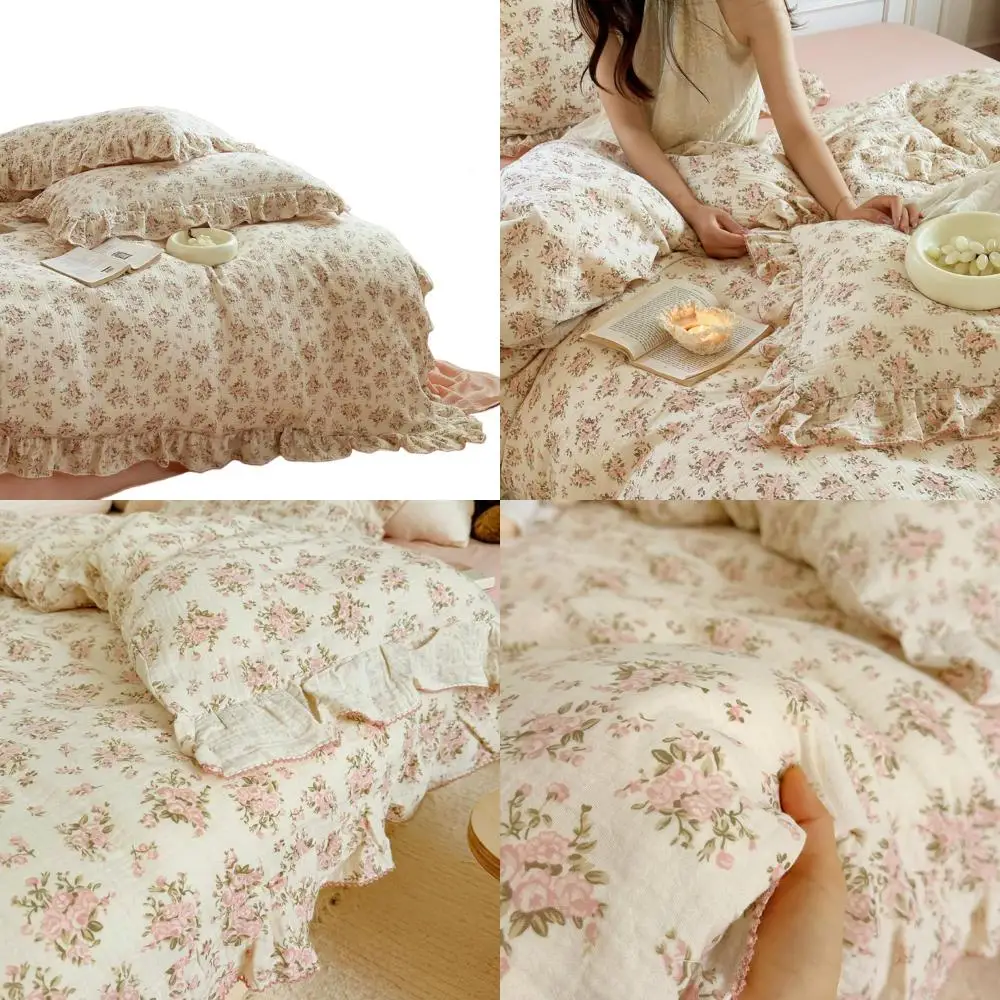 

Girls Twin Floral Duvet Cover - Ruffled Cotton Muslin Quilt Cover, 68x86, Zipper Closure