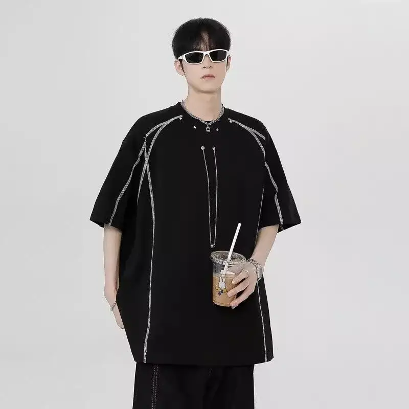 2025 New American Deconstructed Short-sleeved T-shirt Men's Trendy Brand Loose Metal Decorative Half-sleeved Five-point Top
