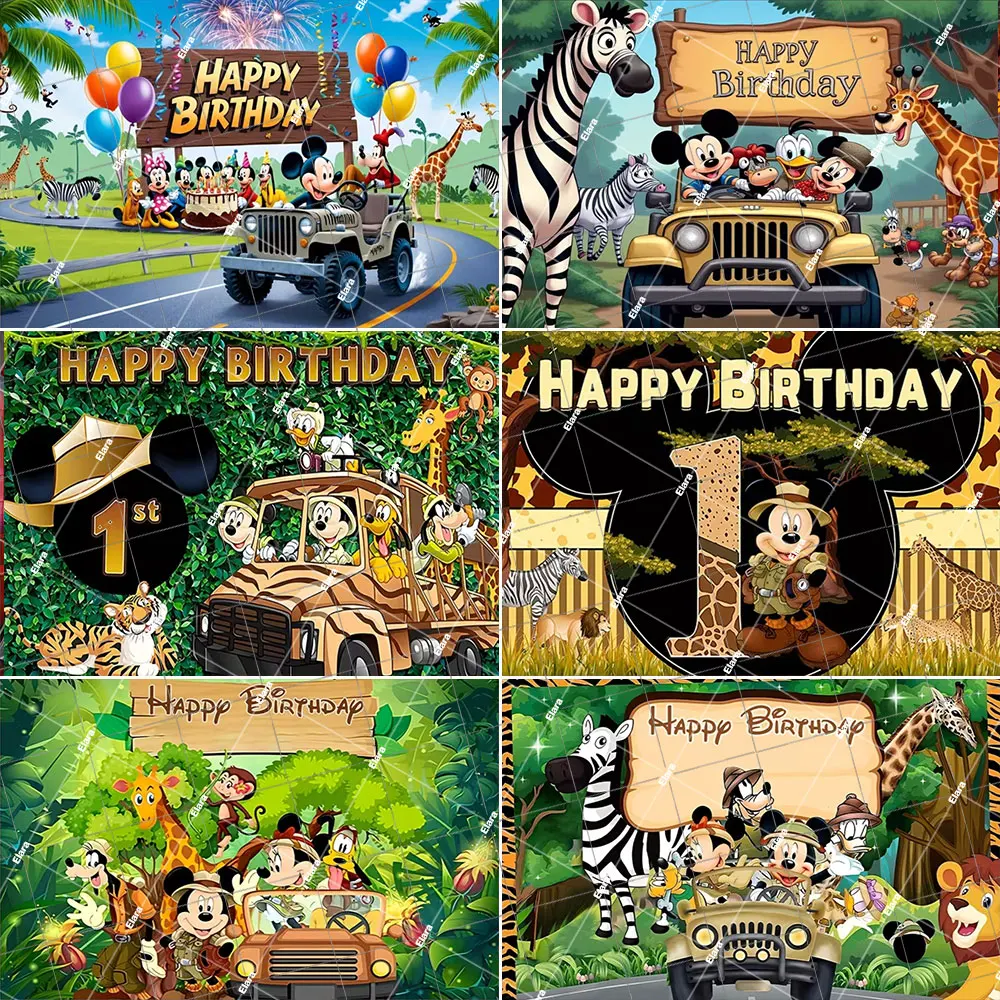 

Mickey Mouse Safari Jungle Child's 1st Birthday Party Decoration Green Forest Animal Photography Backdrop Baby Shower Banner