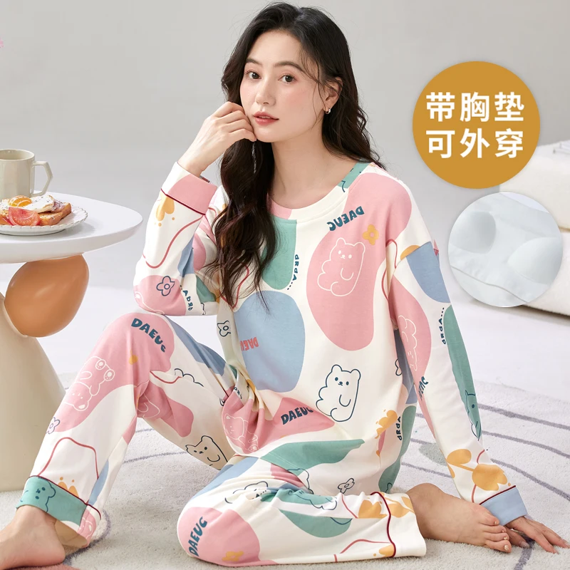 Spring and autumn long-sleeved plus-size pajama set women's Sleepwear with Bra pad Cotton loungewear Korean version Pijamas