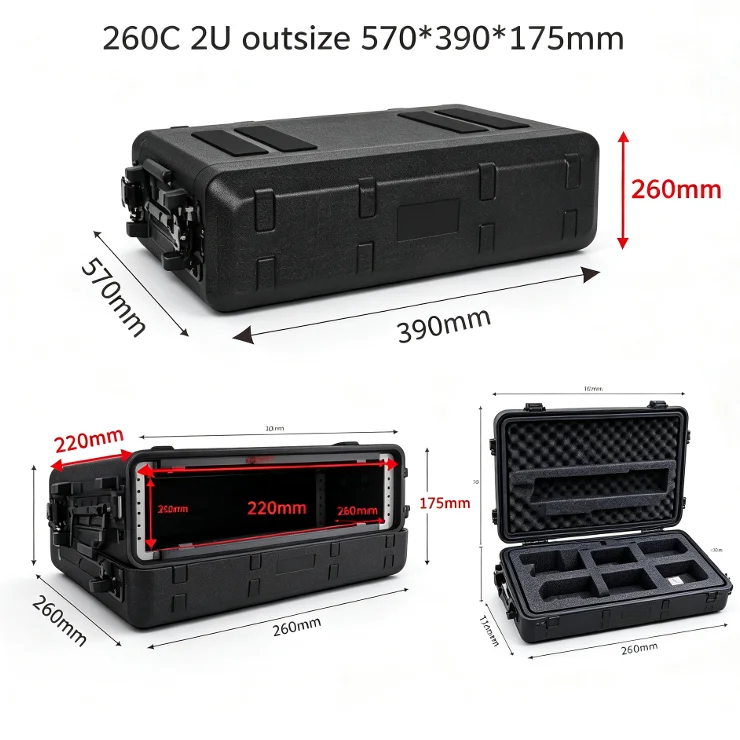 19-inch Portable Chassis Amplifier Receiver Cabinet Box Depth 260mm PE Plastic Rack Flight Case Microphone Shockproof