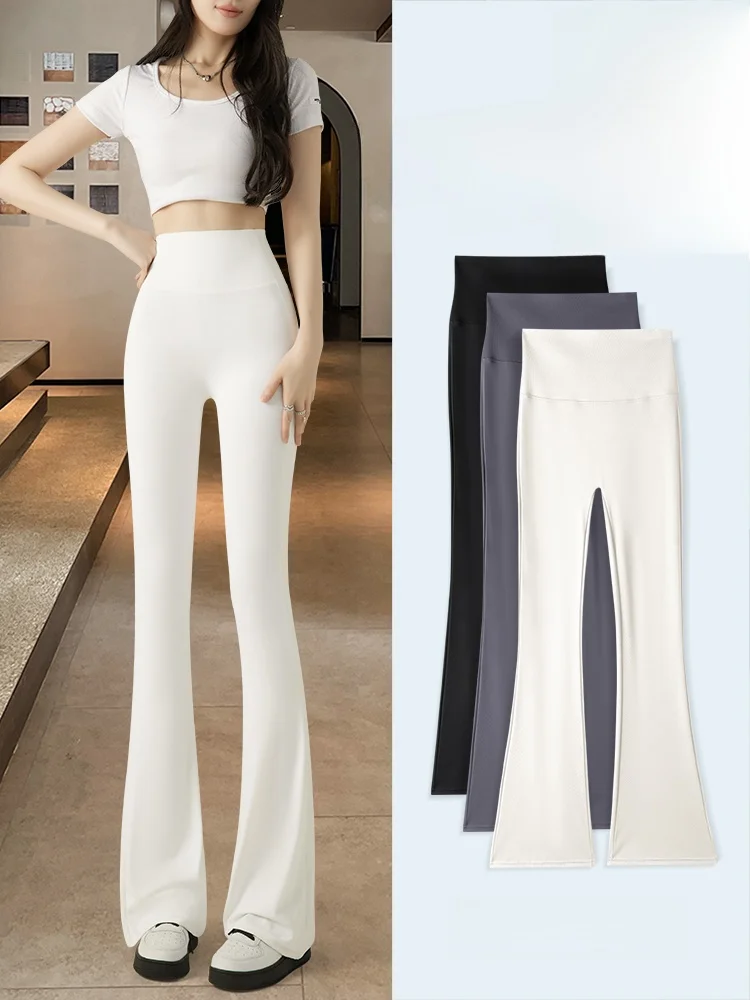 High Waist Lengthened Fitn Yoga Pants Women's Slimming Elastic Bell Bot Faionable White Base Layer Trousers