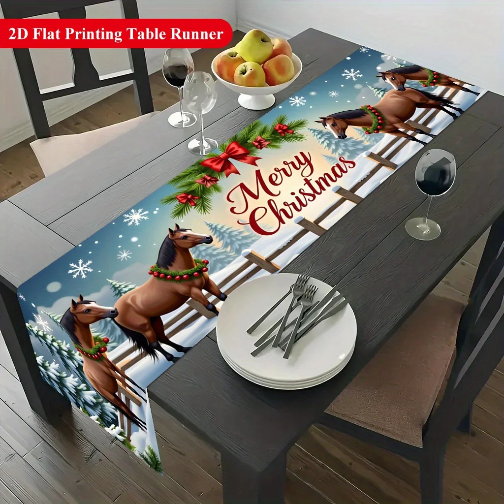 1pc 2D Flat Table Runner, Steed in Christmas Snow Printed Rectangle Table Runner, Decor for Dining Table, Coffee Table, Kitchen