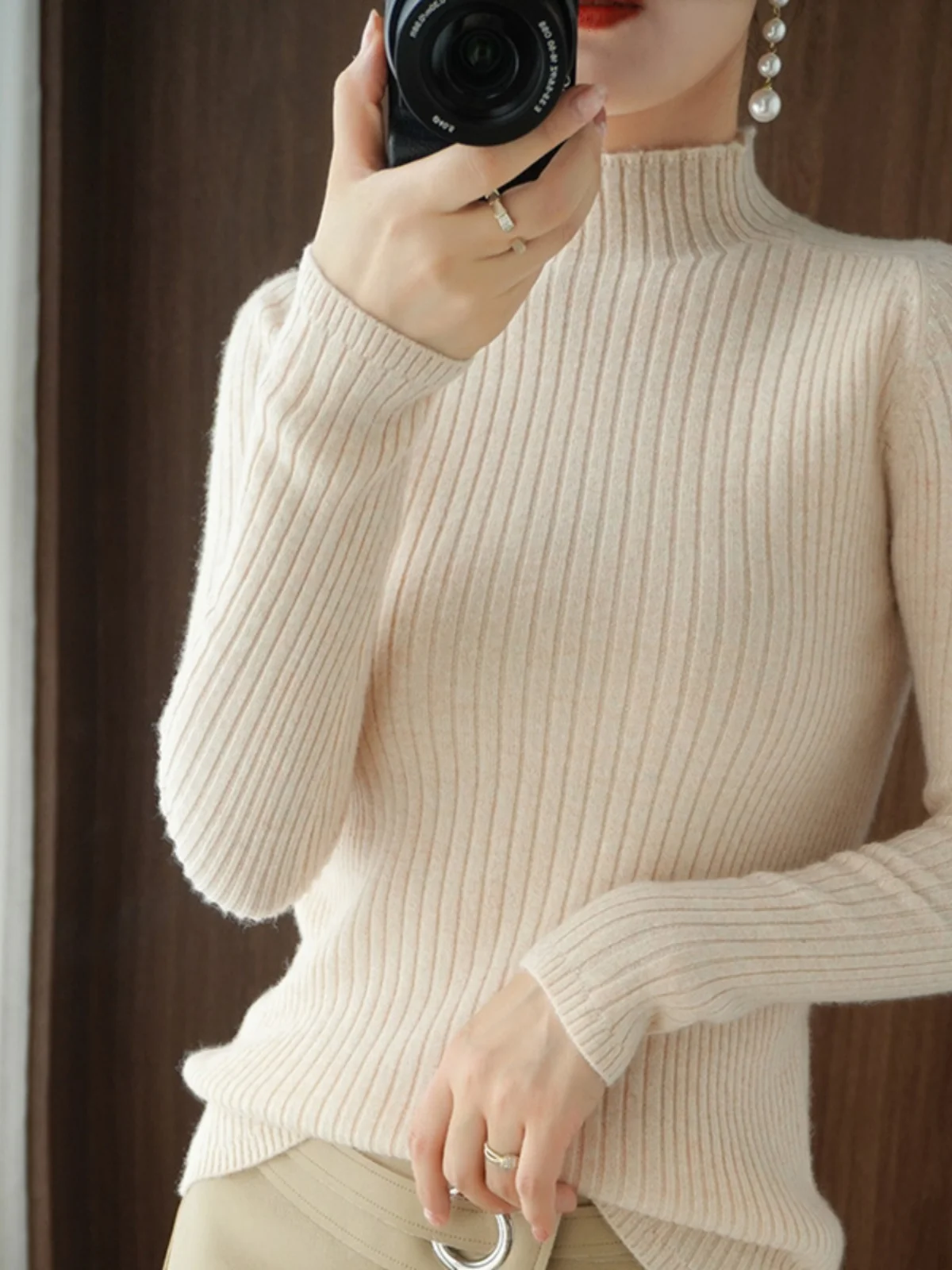 

Spring 2026 Women's Thickened Cashmere Sweater Half High Collar Slim Fit Knitted Woolen Top Warm Fashionable Simple Style Lon...