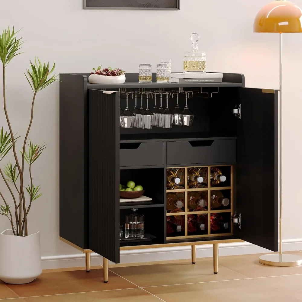 Fluted 2 Door Bar Cabinet with Drawers & Shelf – Stylish Coffee Bar Buffet Cabinet for Your Home