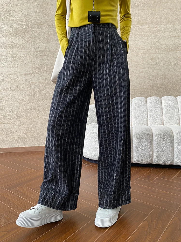 YERMORA Striped Contrast Color Pants For Women Straight Wide Leg Trousers Fashion Tassel Design Clothing 2024 Winter New