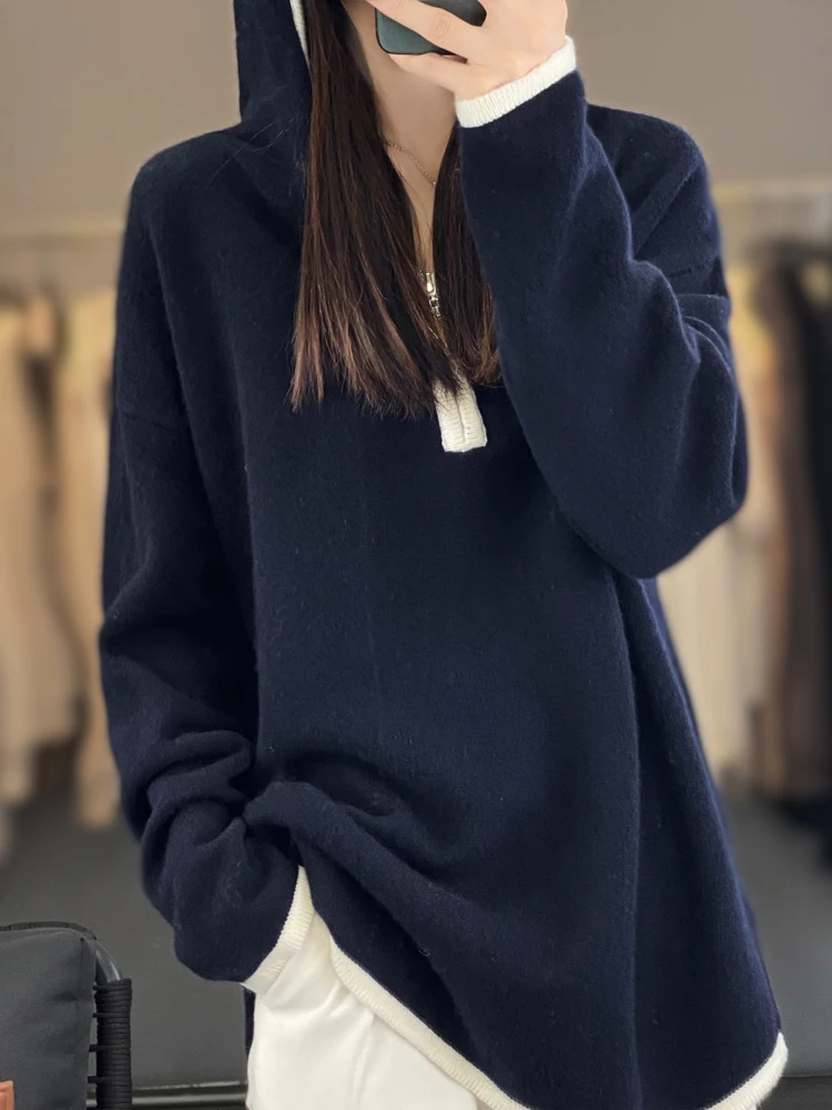 Thickened 100% pure cashmere sweater hoodie solid color pullover hooded sweater loose slim knit bottoming sweater