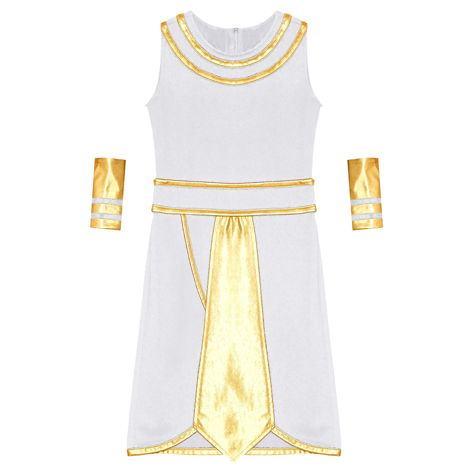 Teen Boys Halloween Egyptian Pharaoh Cosplay Costume Sleeveless Robe with Cuffs Carnival Ancient Egypt King Dress Up Clothes Set