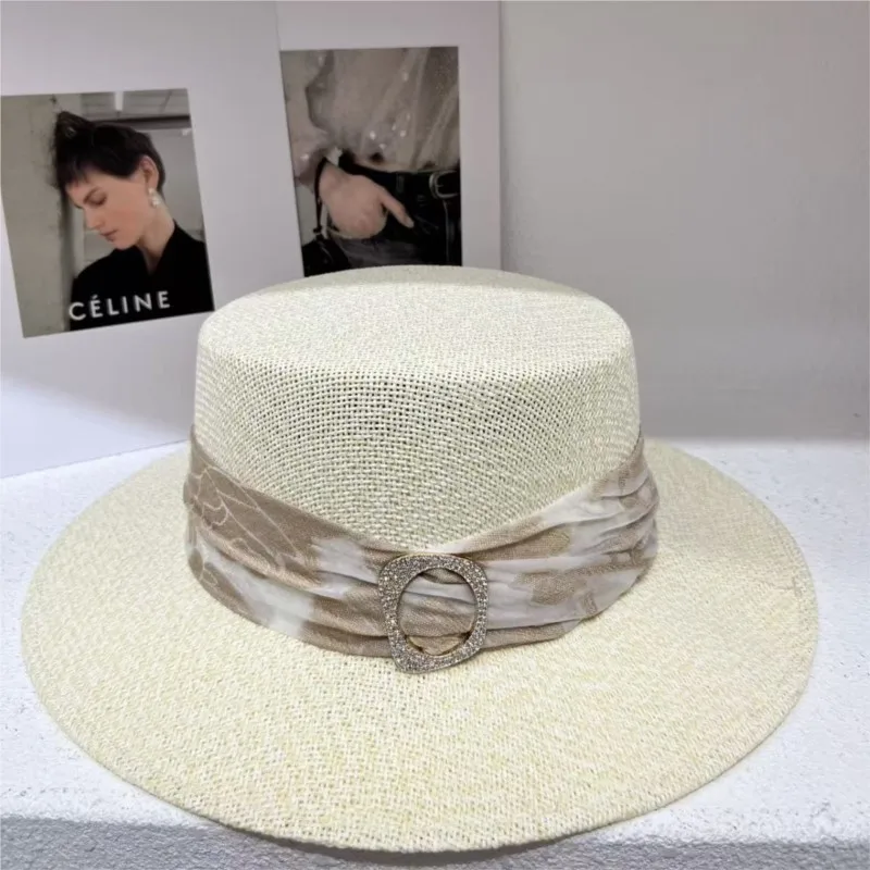 A large-brim woven ribbon flat-topped hat for children's seaside vacation and shade