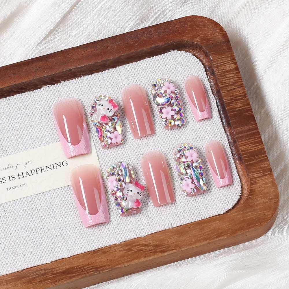 24pcs Black French Kuromi Fasle Nails Hello Kitty Pink Shiny Rhinestones Press On Nails For Women Bow Pearl Kawaii Fake Nails #T