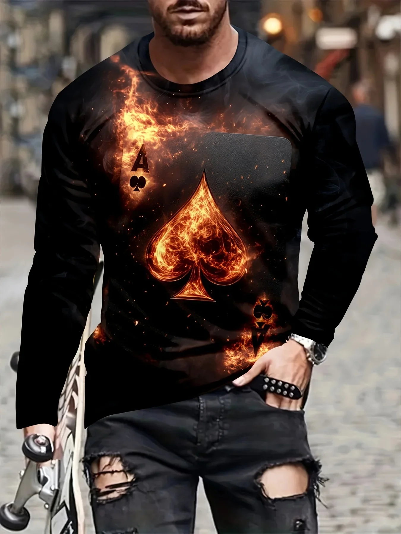 

New Men's 3D Pattern Long Sleeve T-Shirt Fast Drying Breathable Casual Top, Outdoor Sports, Bottom Shirt Motorcycle