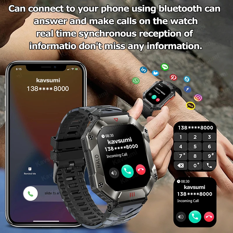 Reloj inteligente militar para hombre, resistente al agua IP67, batería de 650mAh, modo de espera ultralargo, brújula, Bluetooth, llamadas, deportes