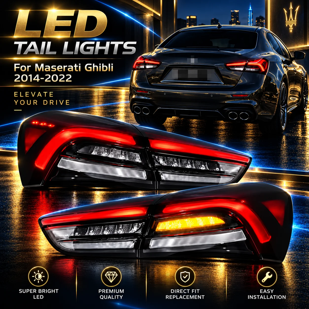 Gruppo fanale posteriore a LED con luci diurne DRL e indicatori di direzione per Maserati Ghibli 2014‑2022, accessori di ricambio per l'aggiornamento della carrozzeria dell'auto