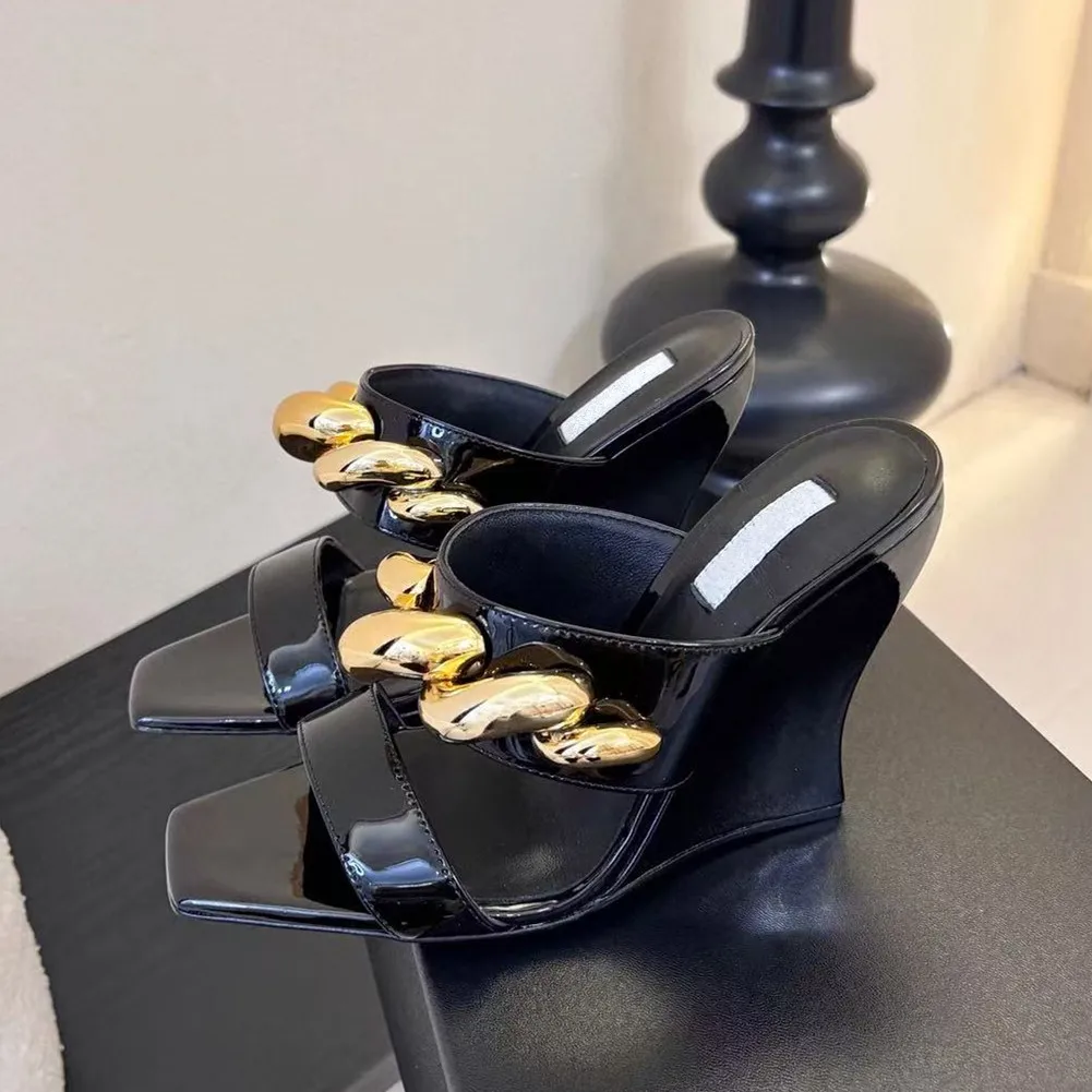 

2026 Summer New Black Slope Heel Sandals High Heels Leather Shallow Mouth Sandals Women's Versatile Slippers Trendy