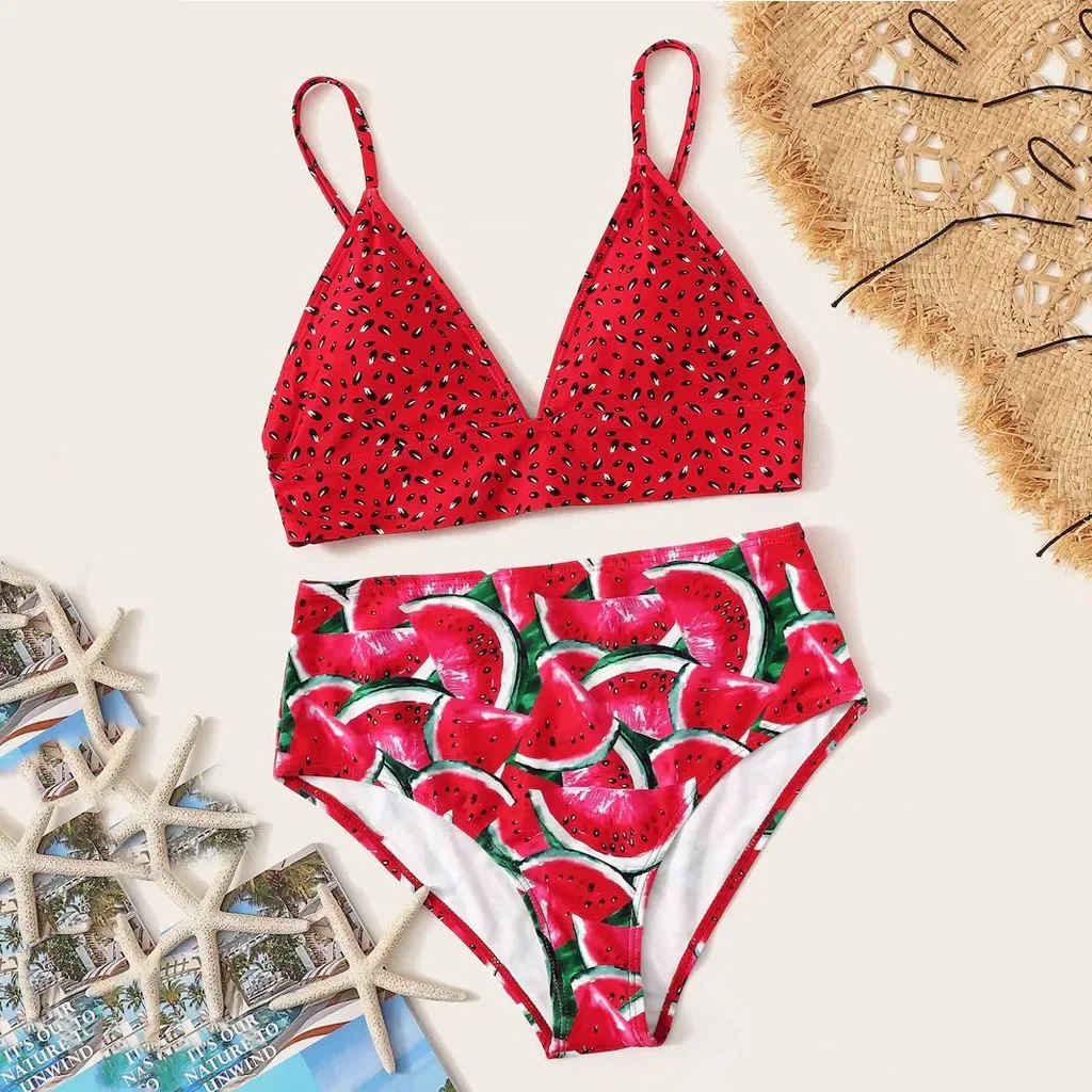 

Women Sexy Split Bikini V Neck Push-Up Bikini Bra Butt Lifting Bikini Shorts Two Pieces Watermelon Print Beach Holiday Swimwear