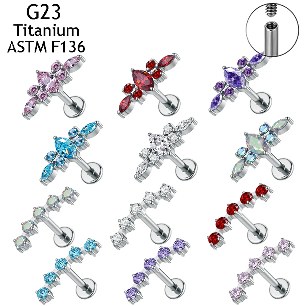 

G23 Titanium long color Zircon elegant marquise flower ear piercings 0.9mm inner thread ear bone studs lip Piercing Body Jewelry